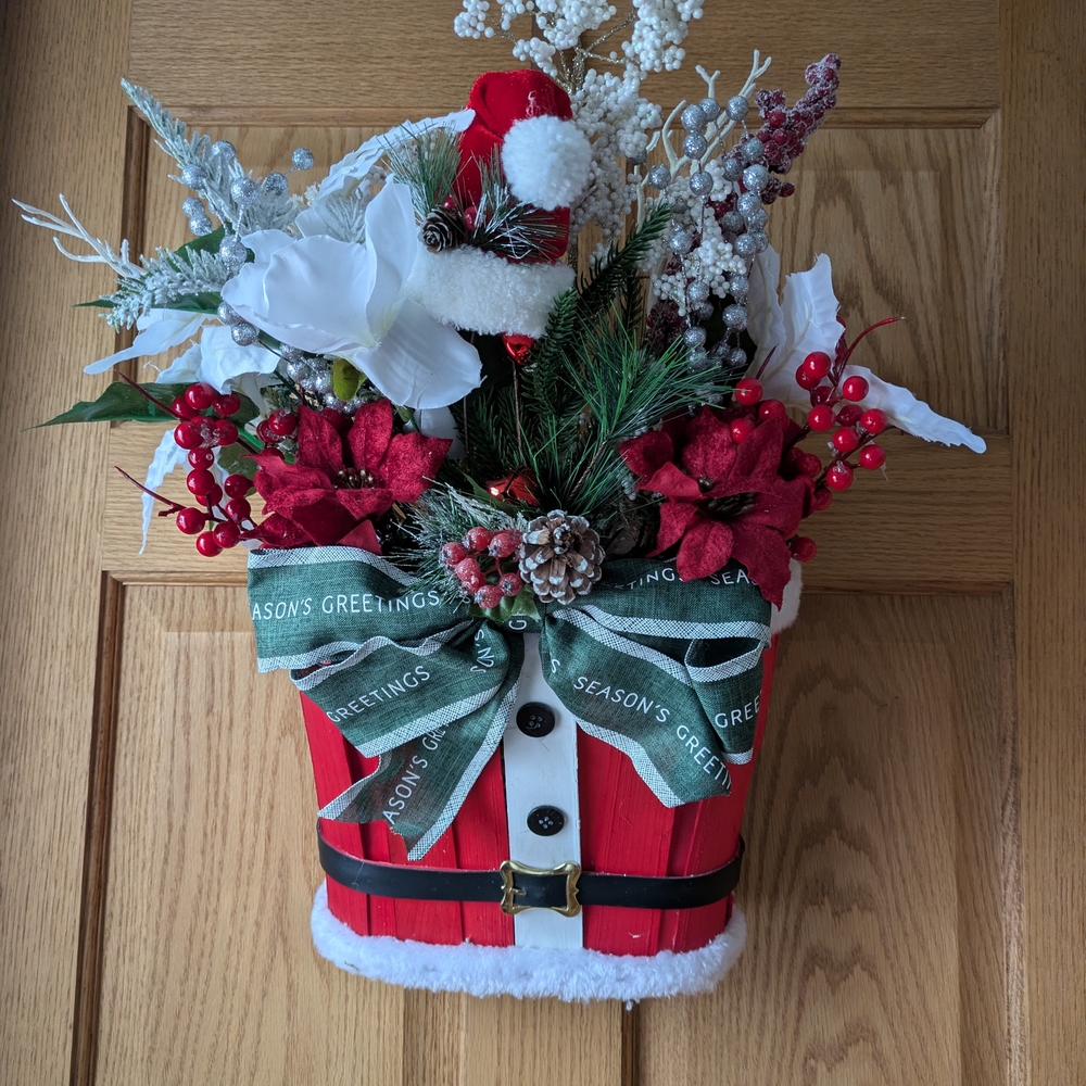 Santa Festive Floral Christmas Door Decor Basket Centerpiece